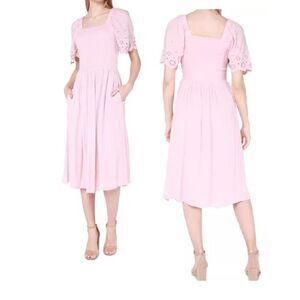 Black Tape Women's Pale Pink Eyelet-Sleeve Smocked Midi Dress M